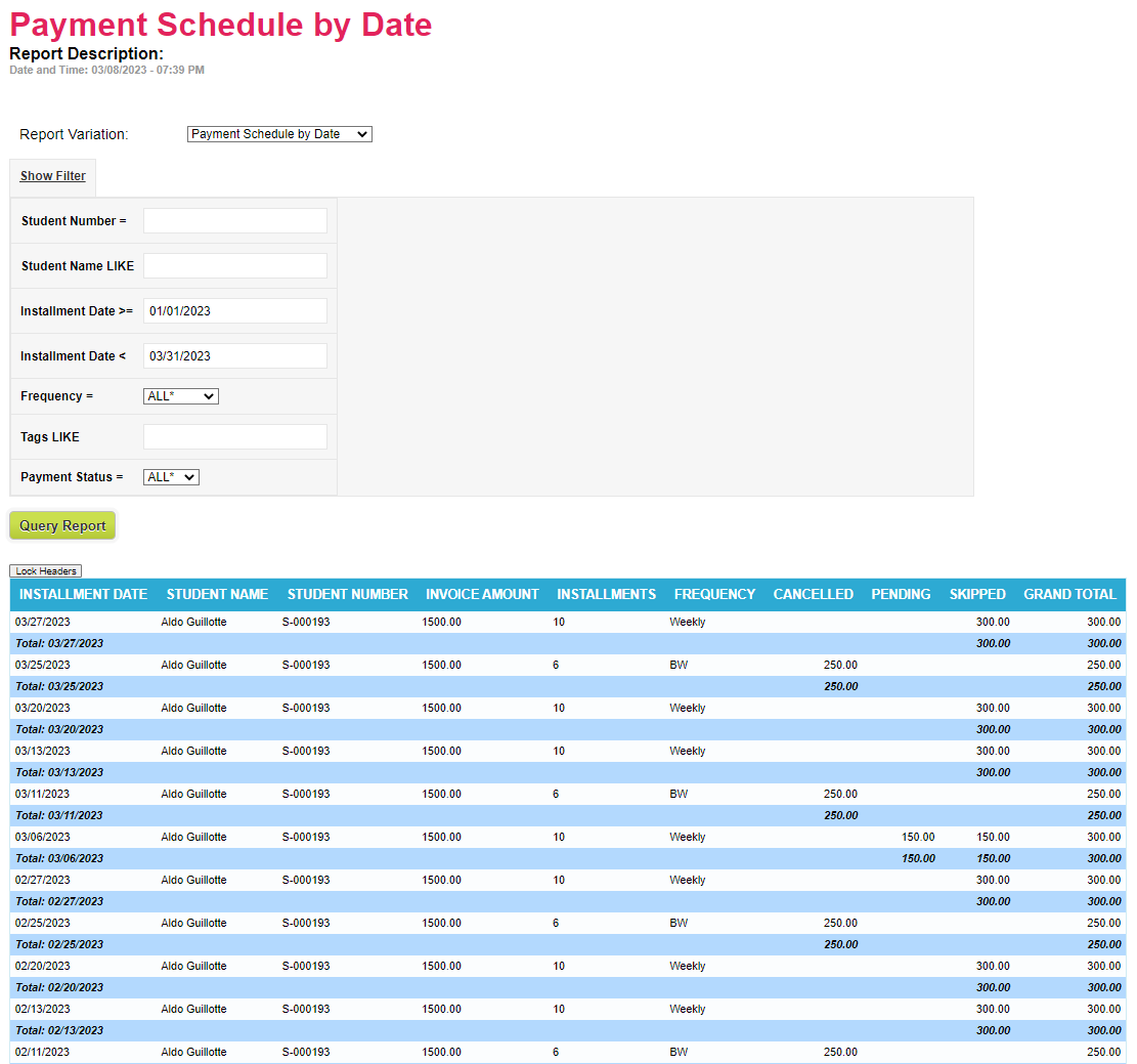 Payment Schedule by Date