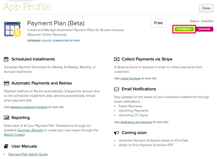 Configure Payment Plan App