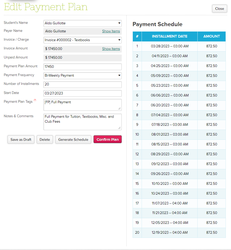 Managing Payment Plans – QuickSchools Support