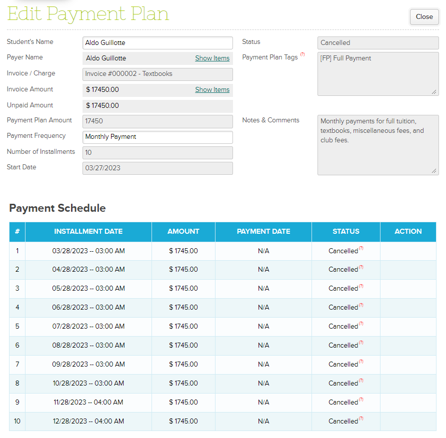 View Cancelled Payment Plan