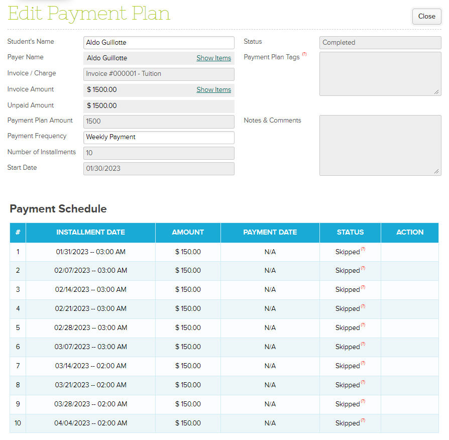View Completed Payment Plan