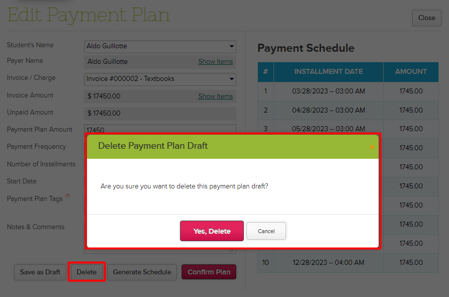 Delete Payment Plan