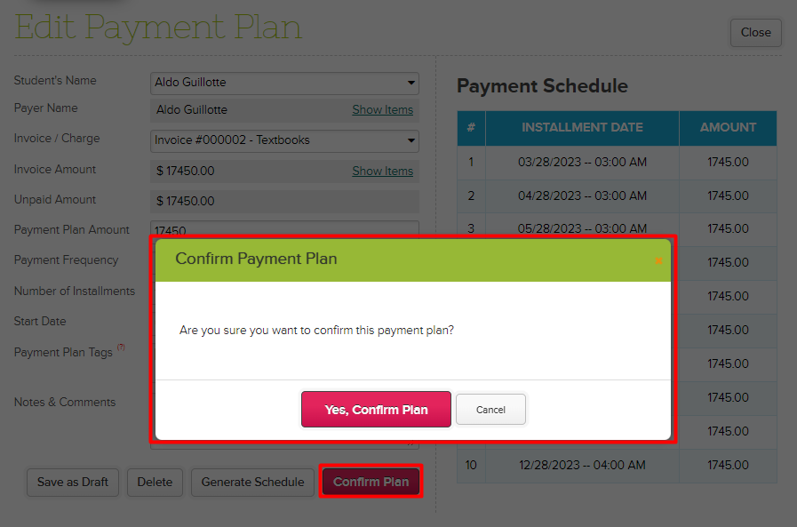 Confirm Payment Plan