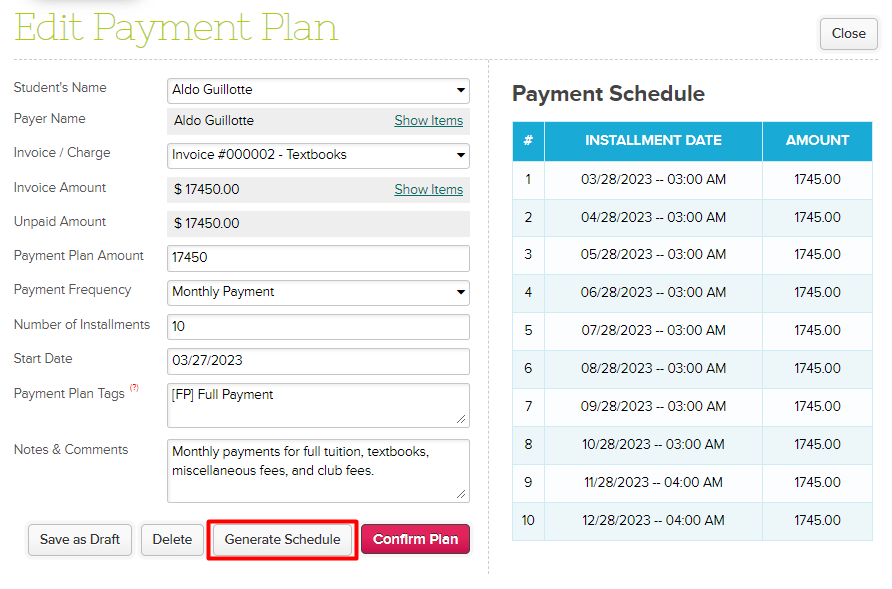Generate New Payment Schedule