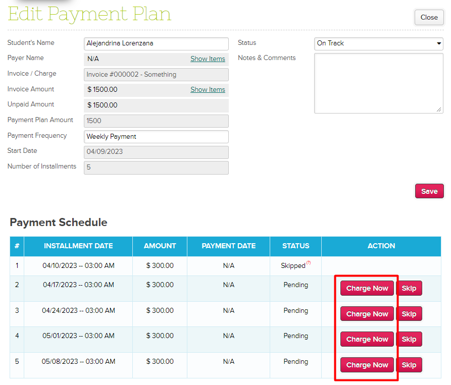 Payment Plan Charge Now